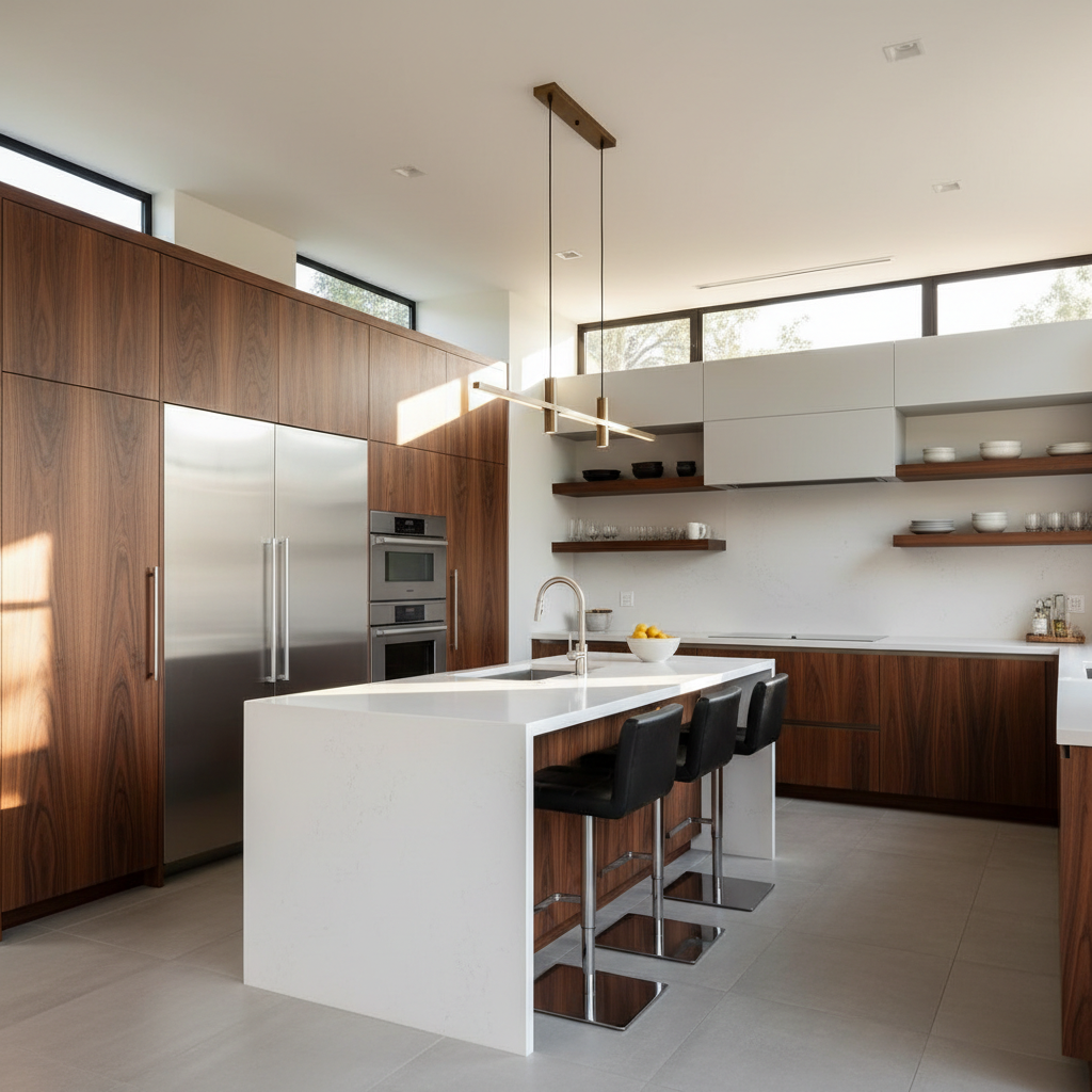 Upscale kitchen with integrated refrigerator and wall oven